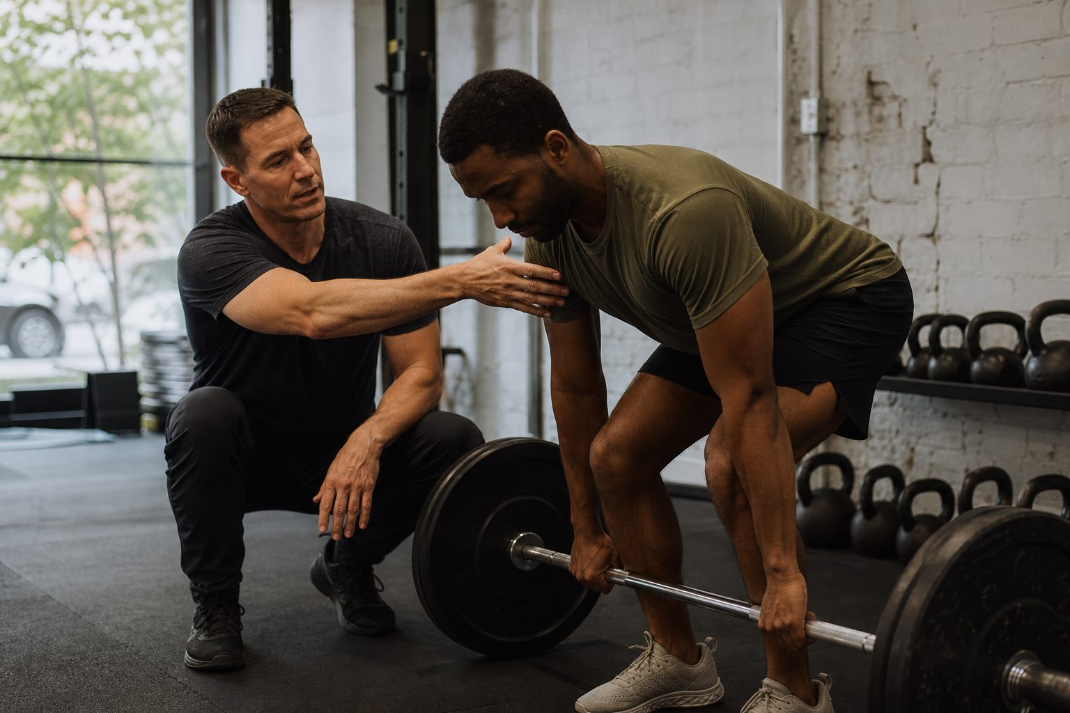 Coach kneeling beside a lifter to correct the position of a deadlift in the studio