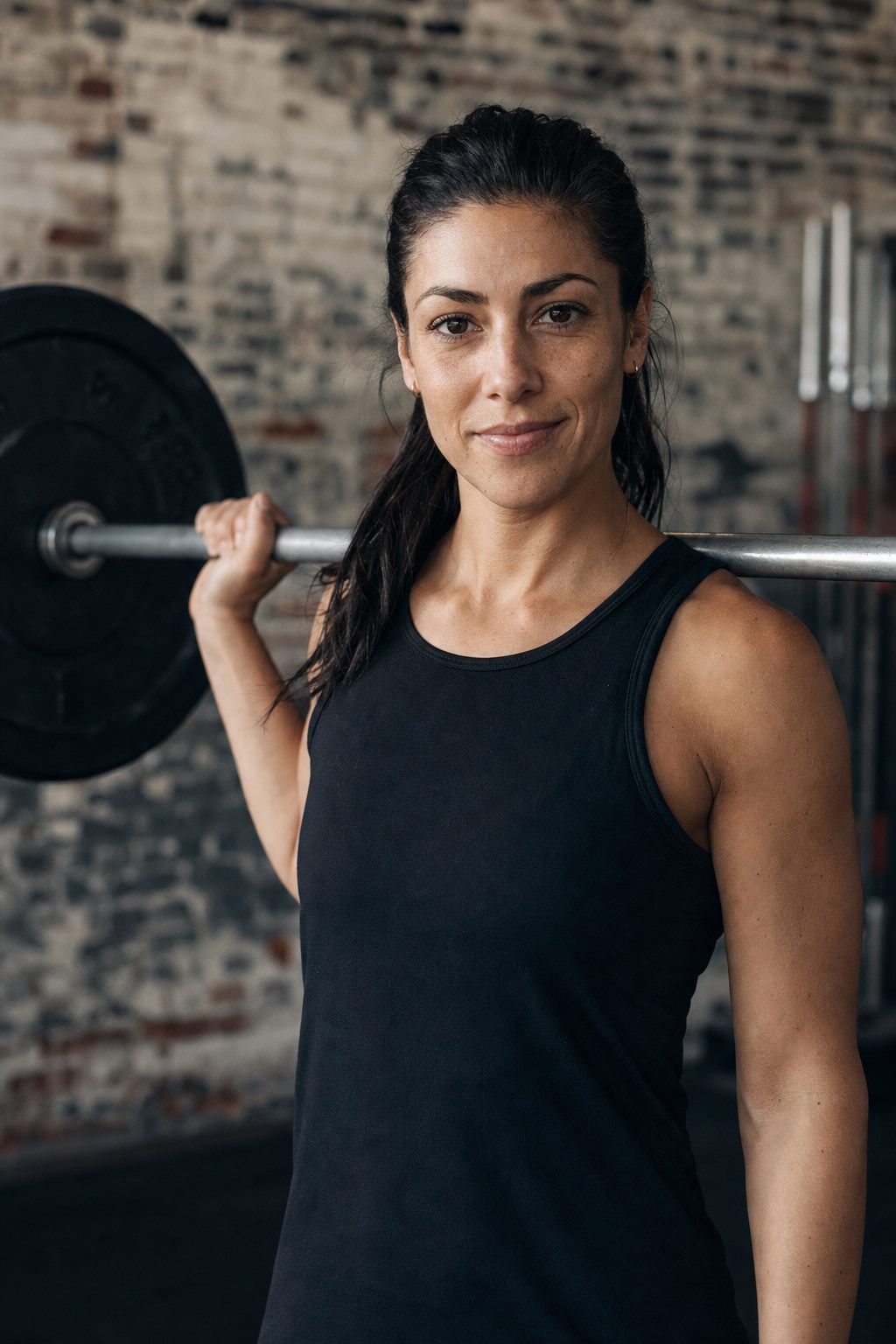 Strength coach standing with a barbell across her shoulders in front of a brick wall