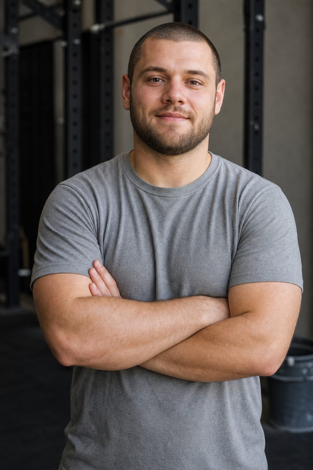 Strength coach with arms crossed standing in front of a pull-up rig in the studio